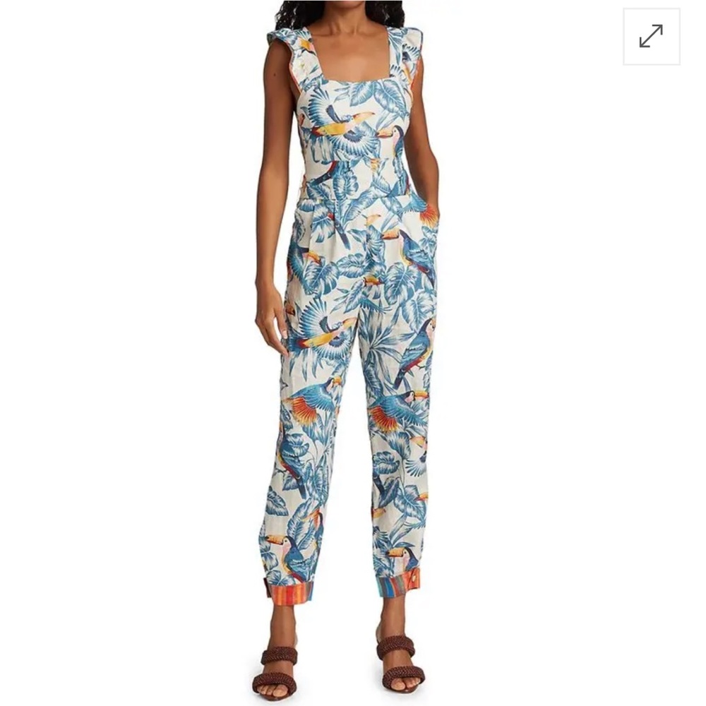 Farm Rio flying toucans ruffle linen jumpsuit -off white size XL